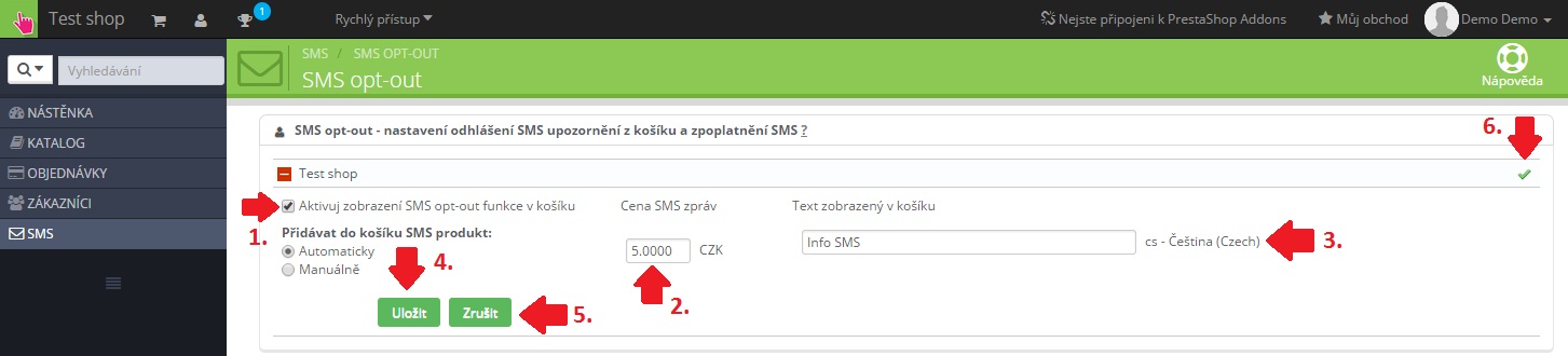 Aktivace SMS opt-out / nastavení ceny SMS zprávy / text v košíku